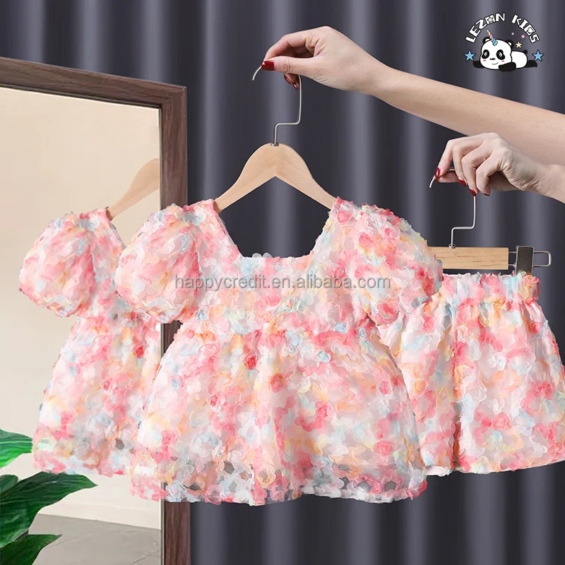 LEZONKIDS - Conjunto de Duas Peças de Renda de Pétala Super Imortal para Meninas para Performance de Festival Infantil Manga Bola de Flor Conjunto de Roupas para Meninas